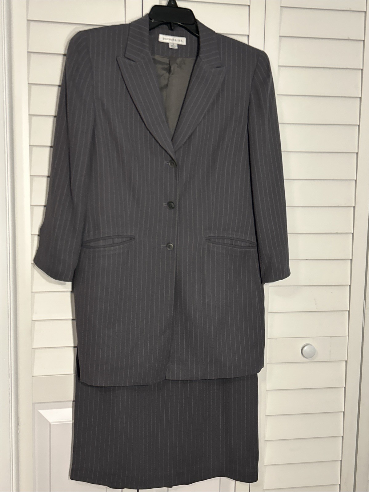 90’s Vintage Pinstripe Blazer And Skirt Suit Size 12 Gray Pursuit LTD