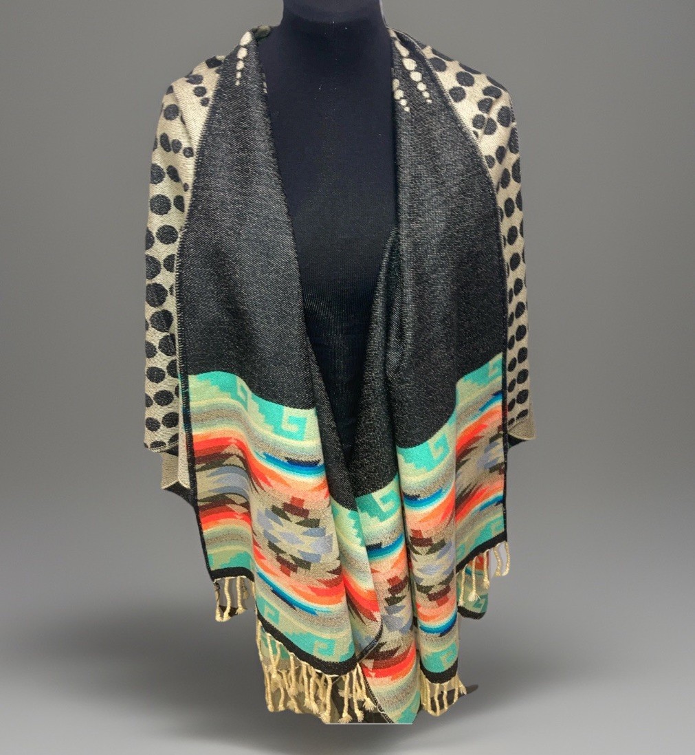 Custom “GALAPAGOS” Aztec Southwestern Wool Cape Poncho 36L X 50” Wide Reversible