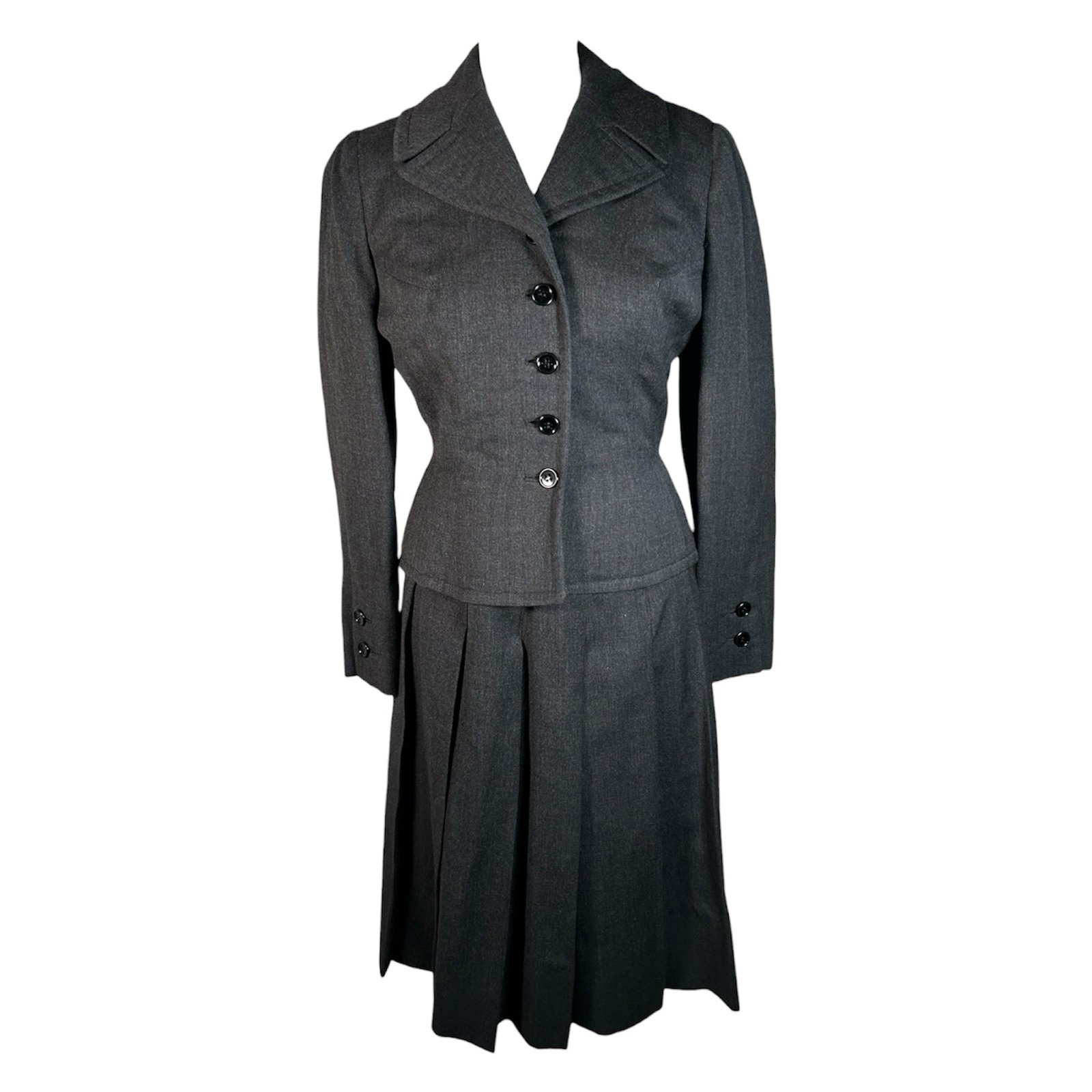 40s/50s Townley Gray Wool Button Front 2 Piece Pleated Skirt Suit Women’s XS/S