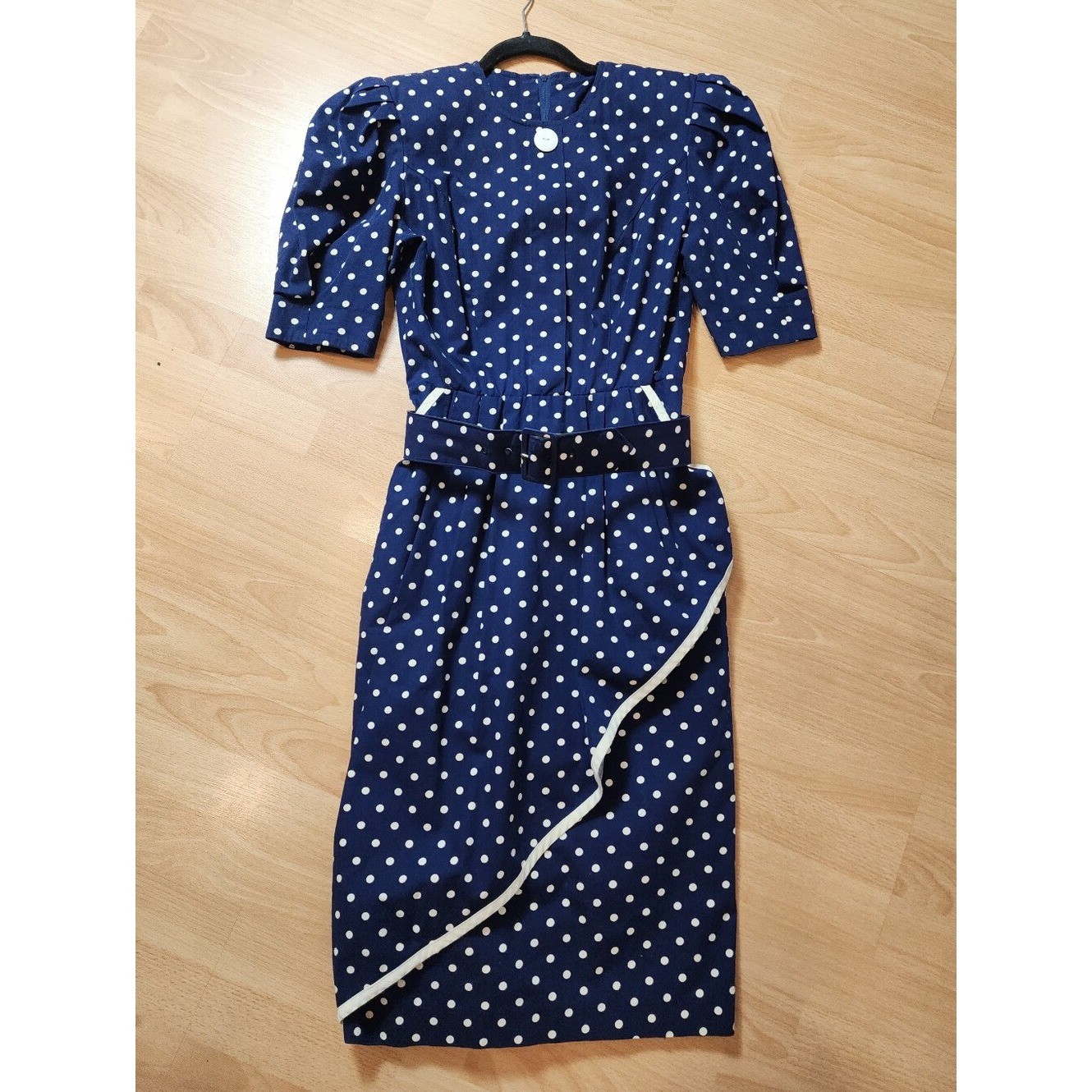 Vintage Choon California Dress Blue White Polka Dots Belt Pockets Est Size XS