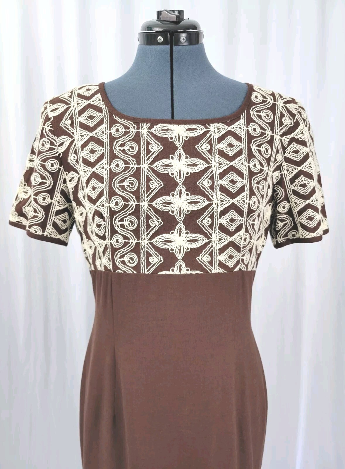 Vintage Yves Cosette Depeche Mode Brown Dress w Cream Embroidery Size 8