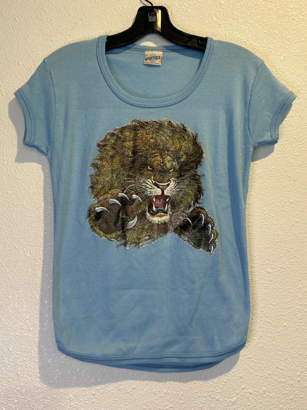 Vintage 80’s Glitter Lion Womens Large Vintage Retro Shirt Babydoll