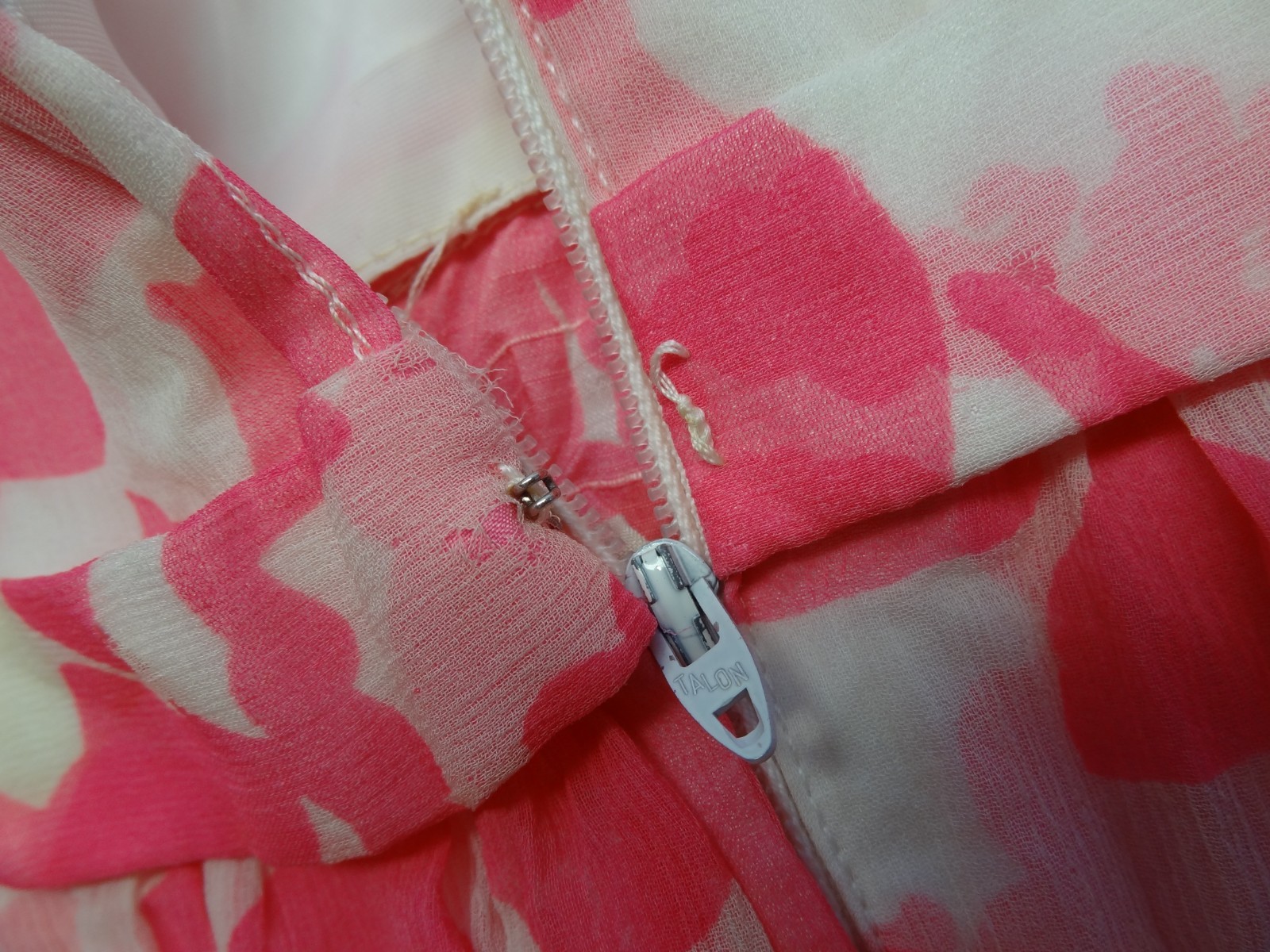 VTG XS Floral Dress Pink White Talon Zipper ILGWU Union Made in USA Long Maxi