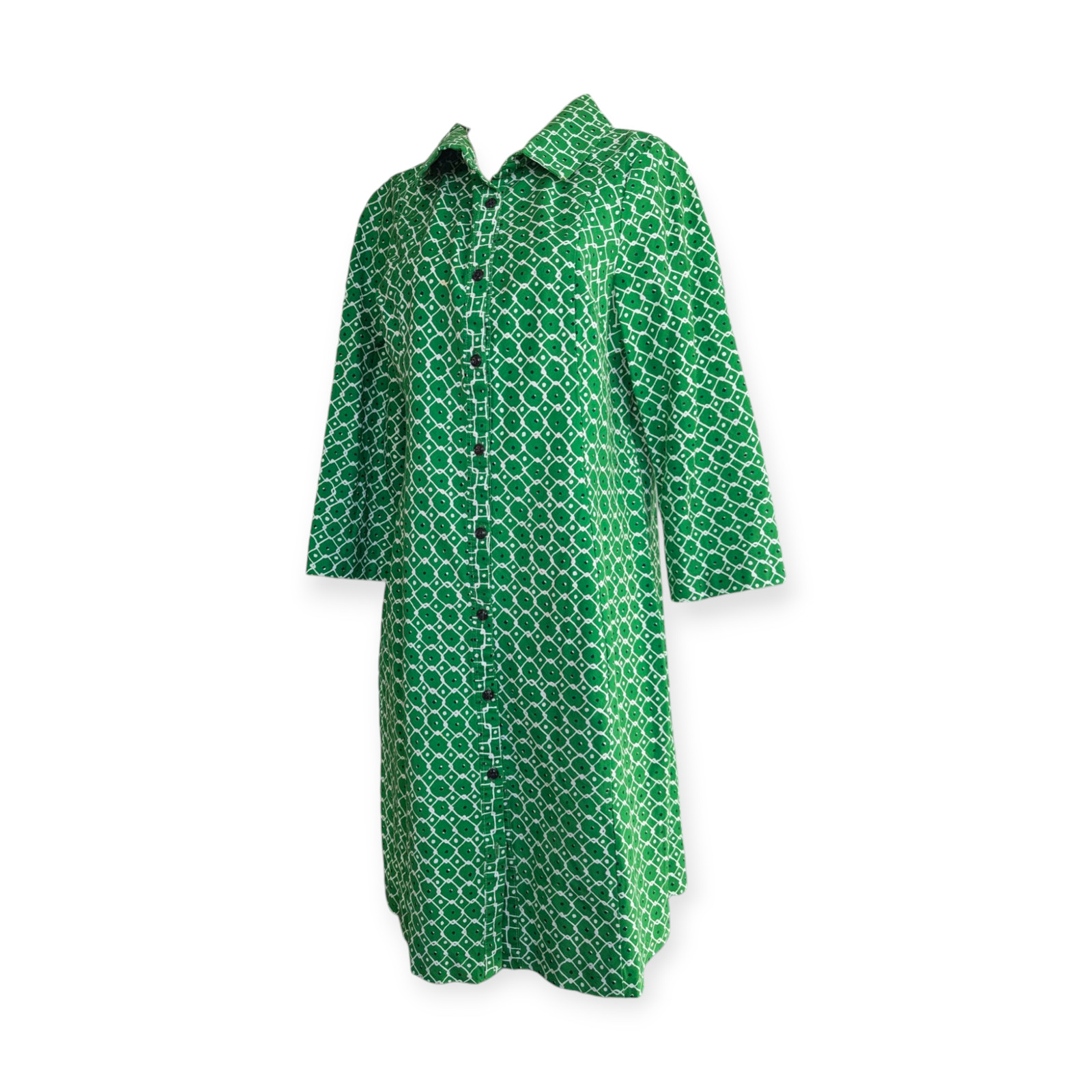 Green Cotton Poplin Button-down Shirt Dress 3/4 sleeve S/M Handmade