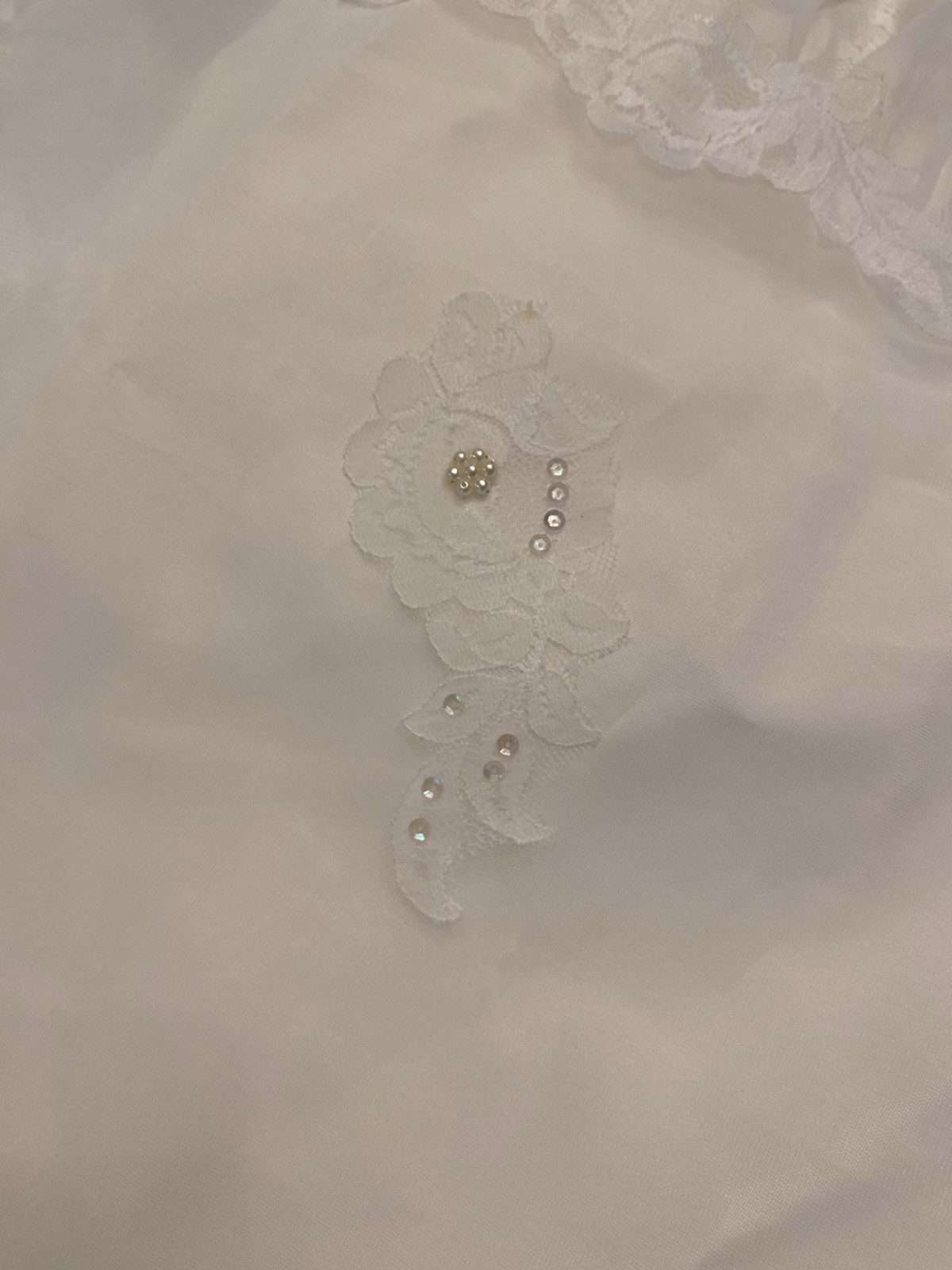 Vintage Lace Pearl Appliqué High Neck Long Sheer Sleeve 1970s Wedding Gown S/M