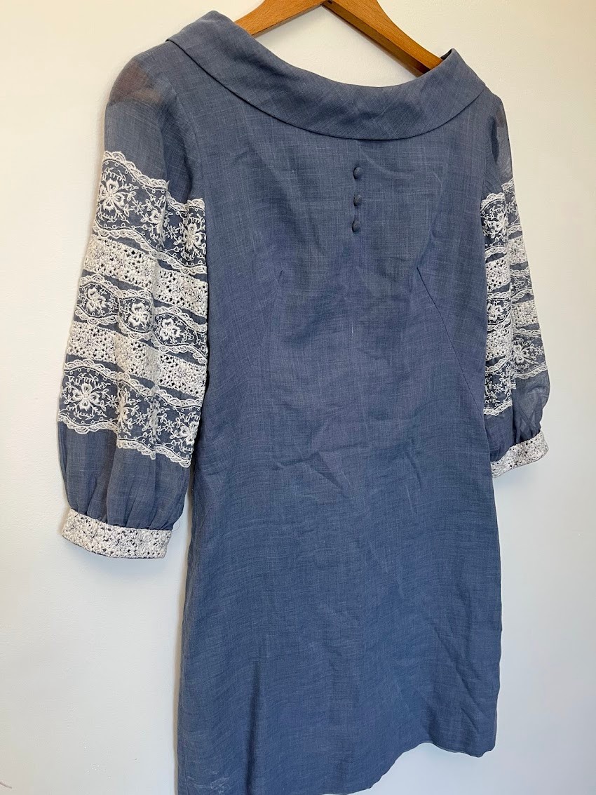 Vintage Jonathan Logan Blue Prairie Mini Dress Lace Boho Cottagecore XS/S