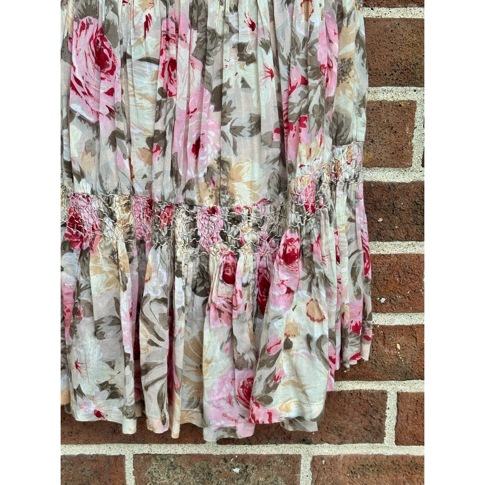 Vintage 1980s Passports Pier 1 Floral Skirt Pink Brown Rayon Cotton Boho Tiers