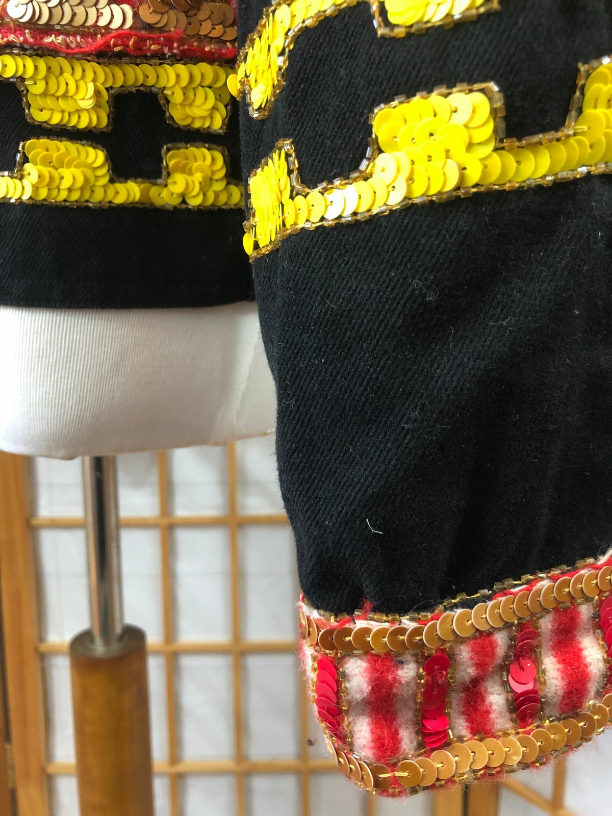 Vintage Modi Denim Black with Red Cotton Snap Button Front Sequined Jacket 8-10
