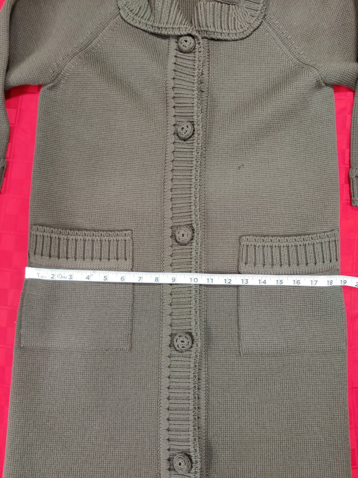 VGT. Gino Paoli Wool Long Cardigan 3/4 Sleeve Curved Collar Pockets Green 10
