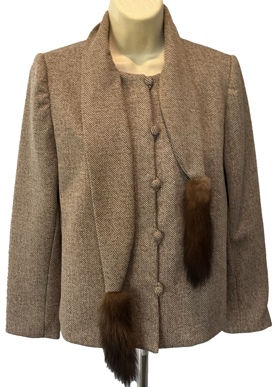 Vintage Claralura Original Herringbone Tweed Wool Real Fur Blazer Jacket Sz S