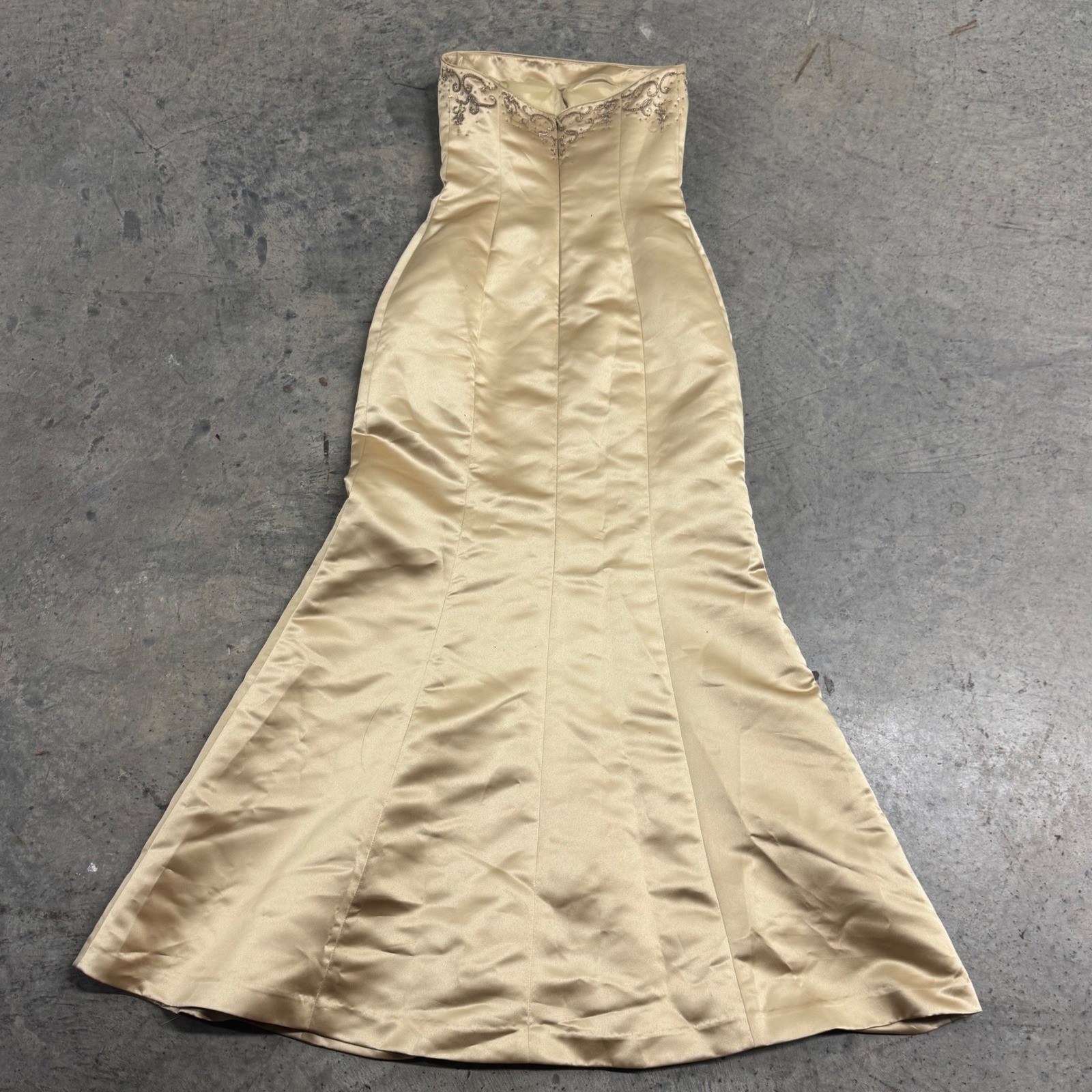 Donna Gray Gold Strapless Beaded Ball Gown S/6 Evening Formal Luxury VTG Satin