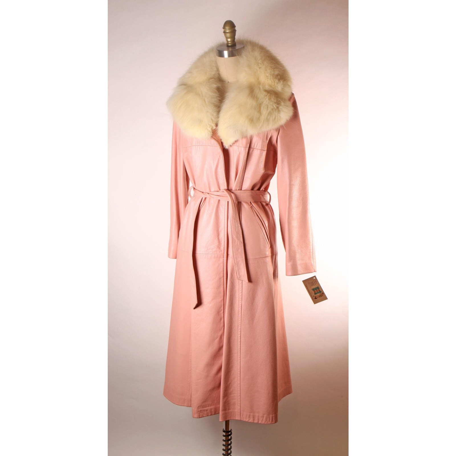 1970s Pink Leather Cream Fox Fur Trench Coat by New England Sportswear Company