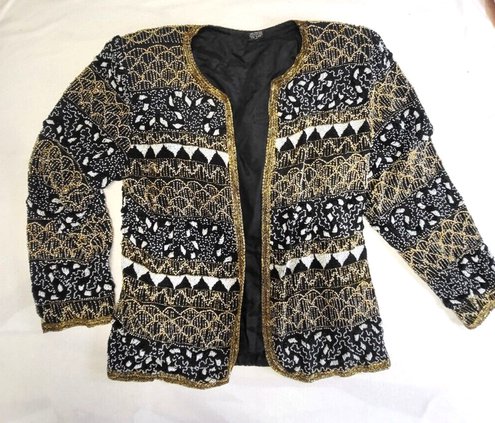 VTG Jakelin Designs By Meyer Black Gold White Heavily Beaded Silk Jacket Size 1X