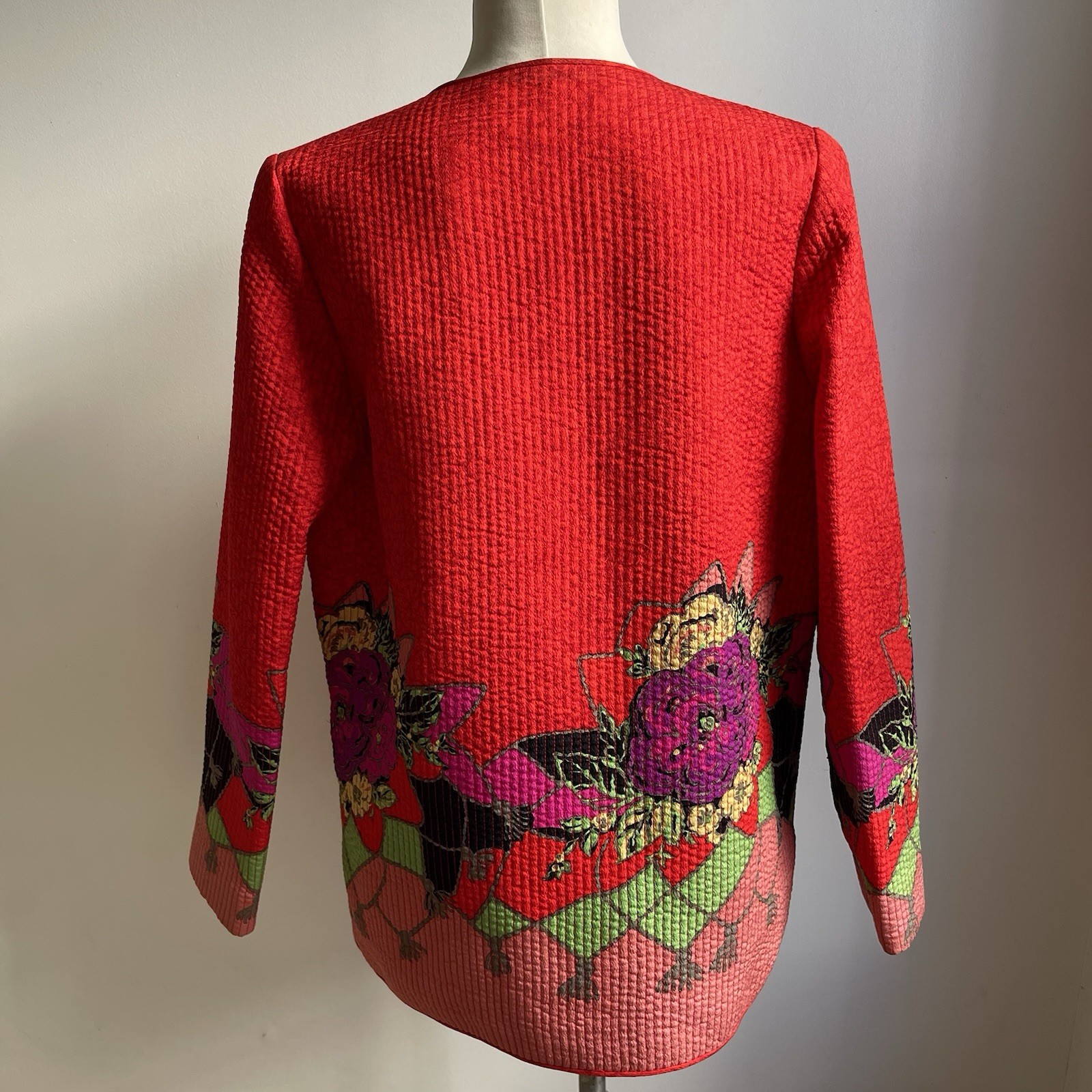 Vintage 1980s Aurora Ruffolo Quilted Jacket Wool Crepe Red Floral Button Medium