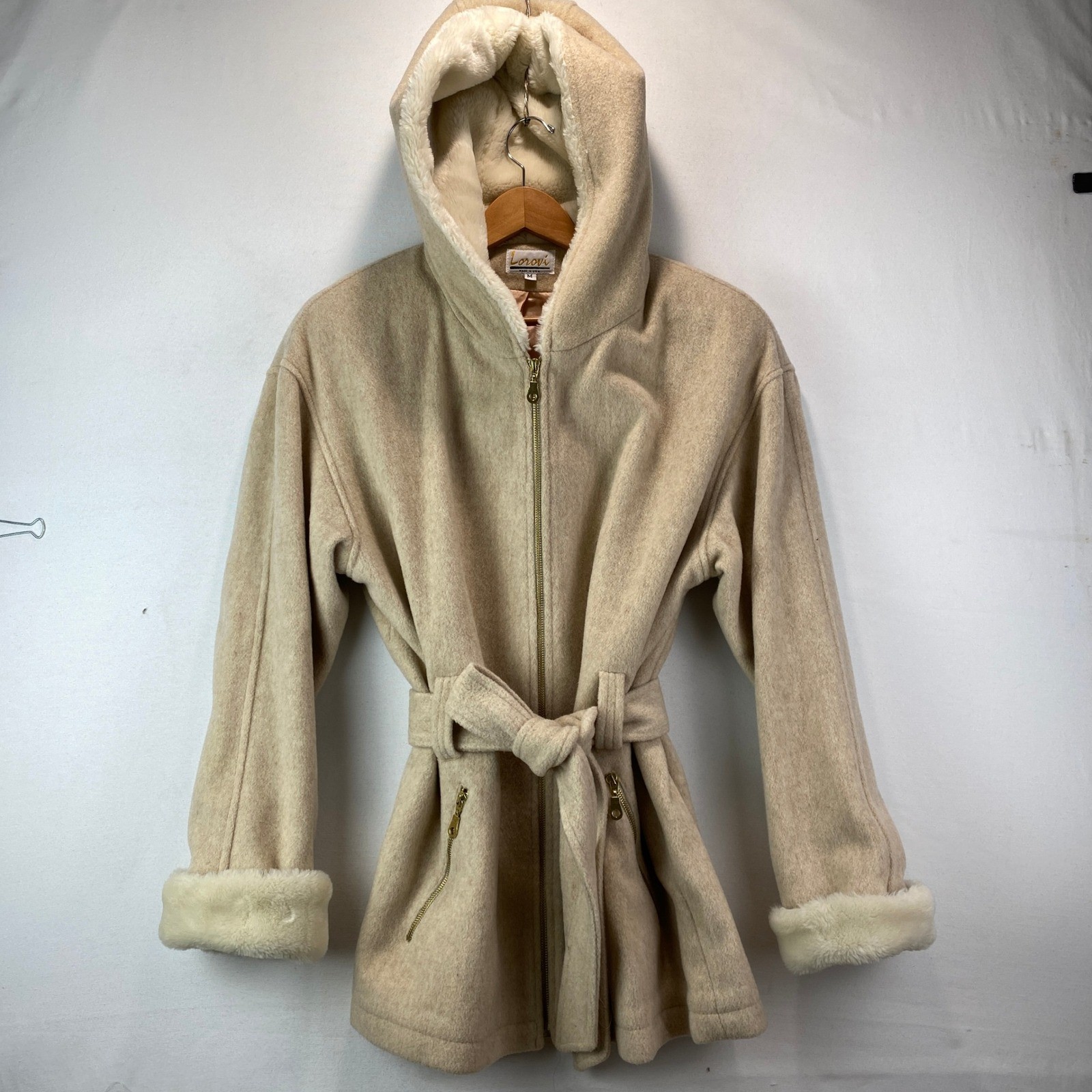 VTG Lorovi Hooded Faux Fur Trim Wool Belted Coat Womens M Beige Made in USA Zip