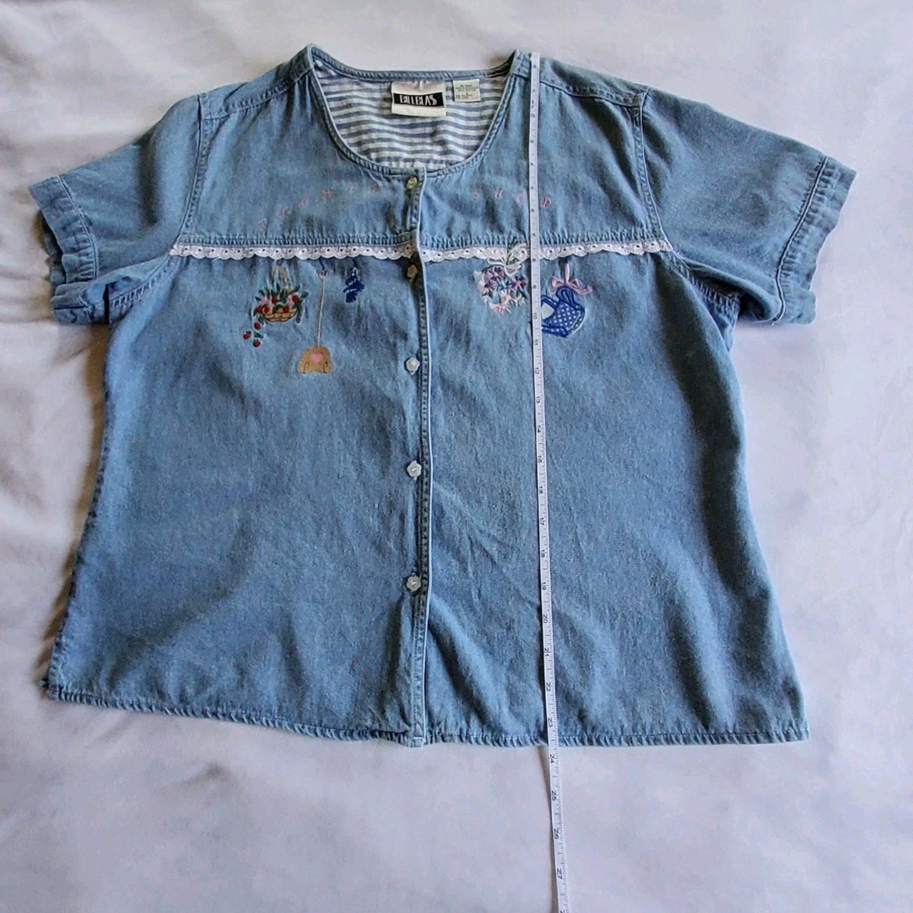 VTG 90s Bill Blass Large Denim Shirt Embroidered Plants Lace Grandmacore
