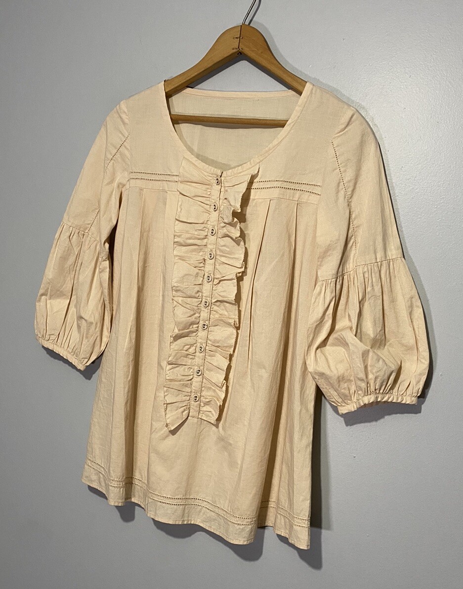 Vintage 70s Prairie Blouse Shirt Medium Cottagecore Ivory Ruffled 80s Housewife