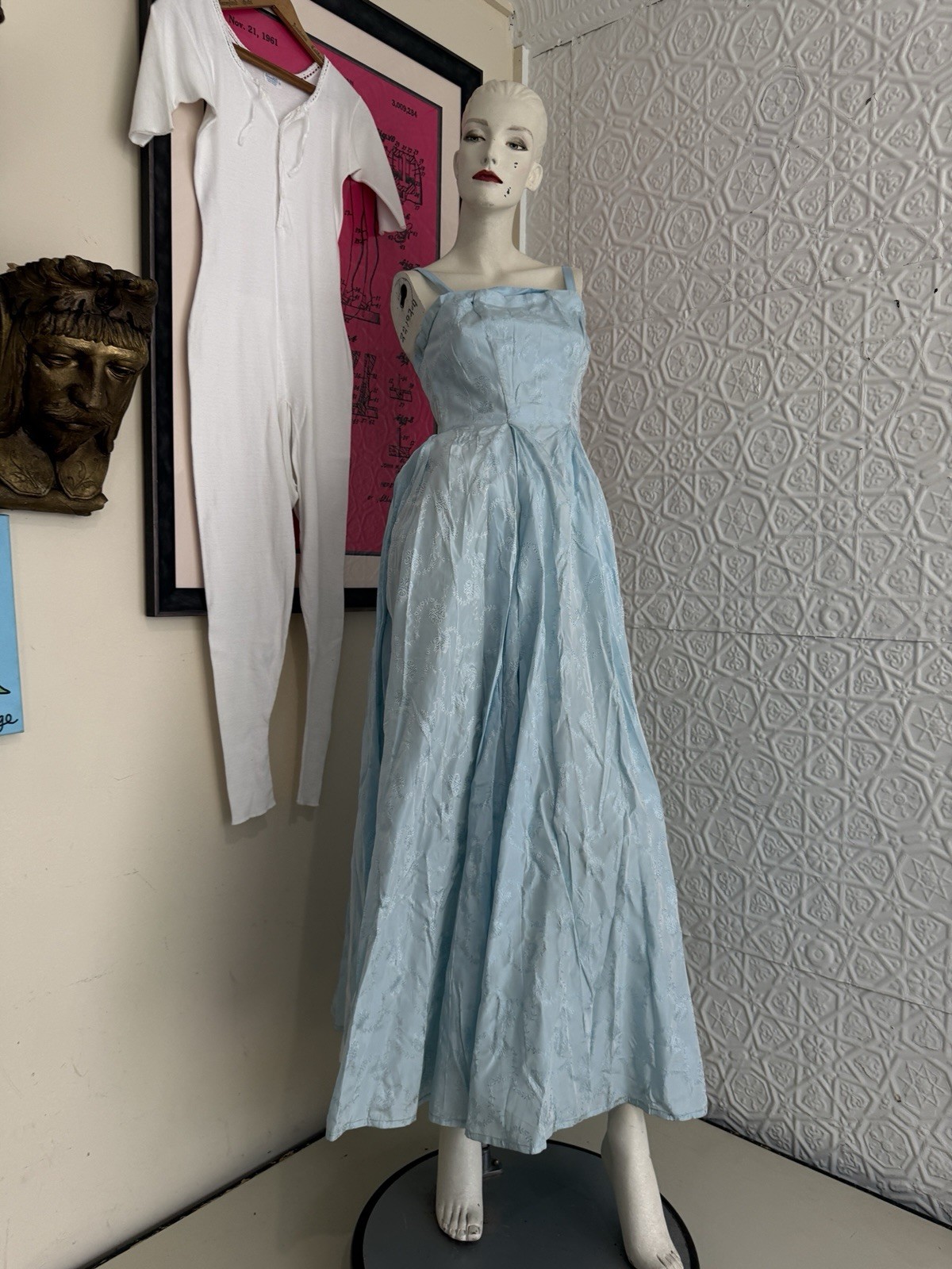 vintage 1950s gown baby blue taffeta bridesmaid prom small xs jaquard floral