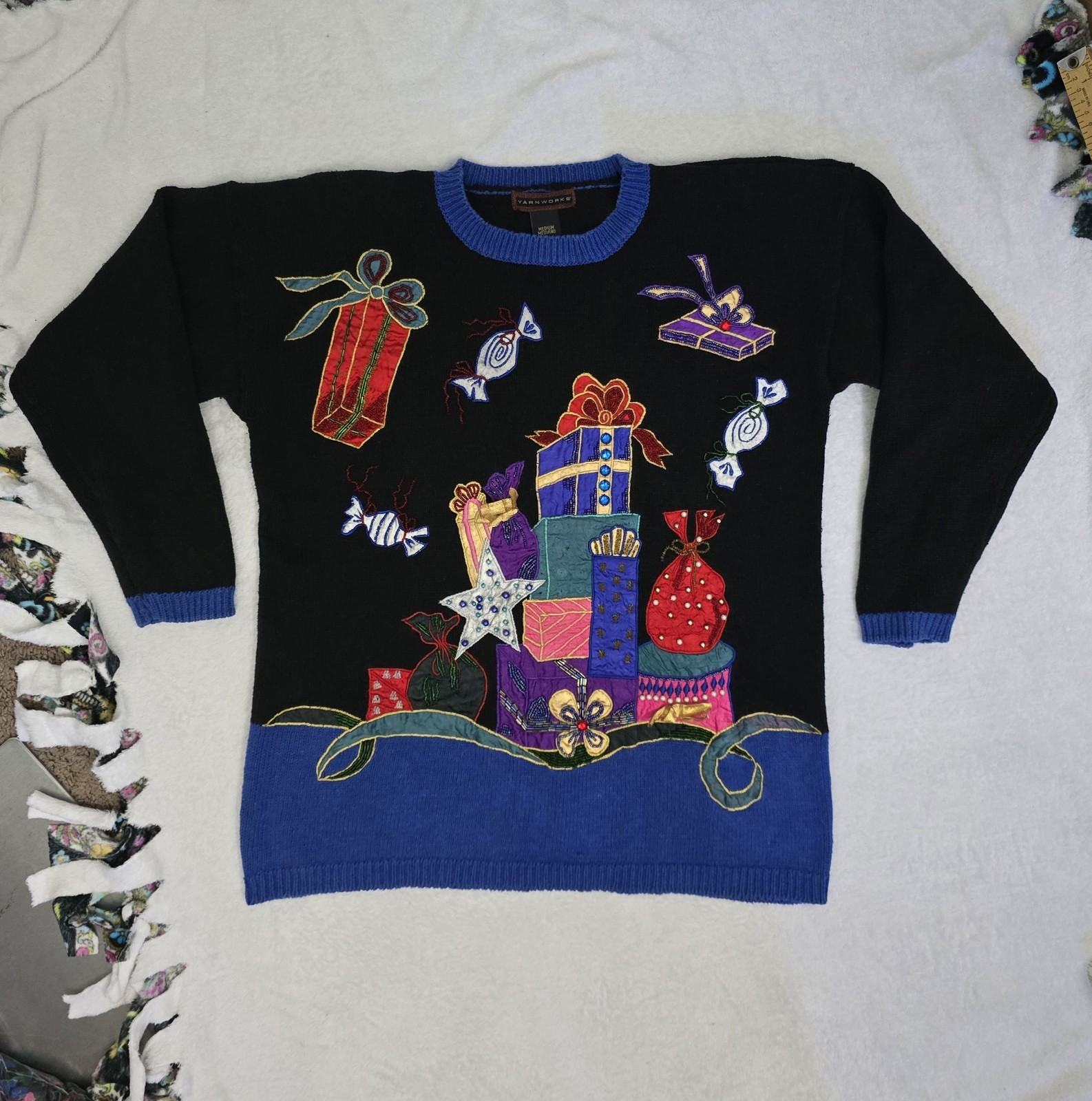 Vtg. Yarnworks Ugly Christmas Sweater Presents Candy Embroidery Beads, Medium