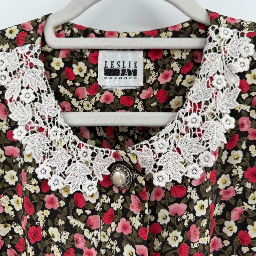 VTG Leslie Fay Midi Dresses Womens 8 Prairie Cottagecore Lace Collar Midi Belted
