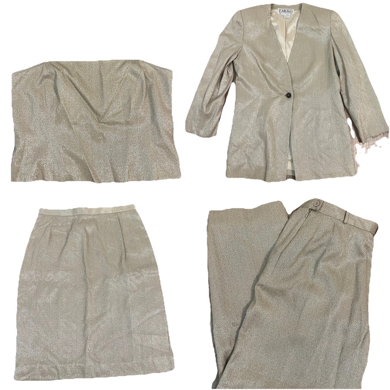 Vintage Carlisle Gold Metallic 4 Piece Set Blazer, Top, Skirt, Pants Sz 12