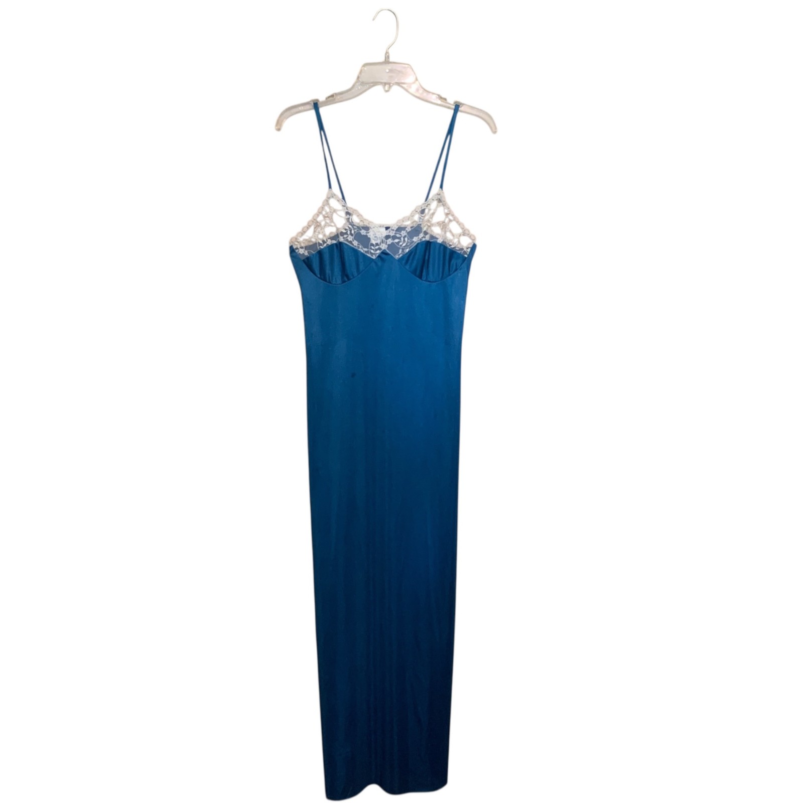 Vintage Stardust Long Teal Nightgown & Robe Set Lace Trim Modest 100% Nylon Sz M