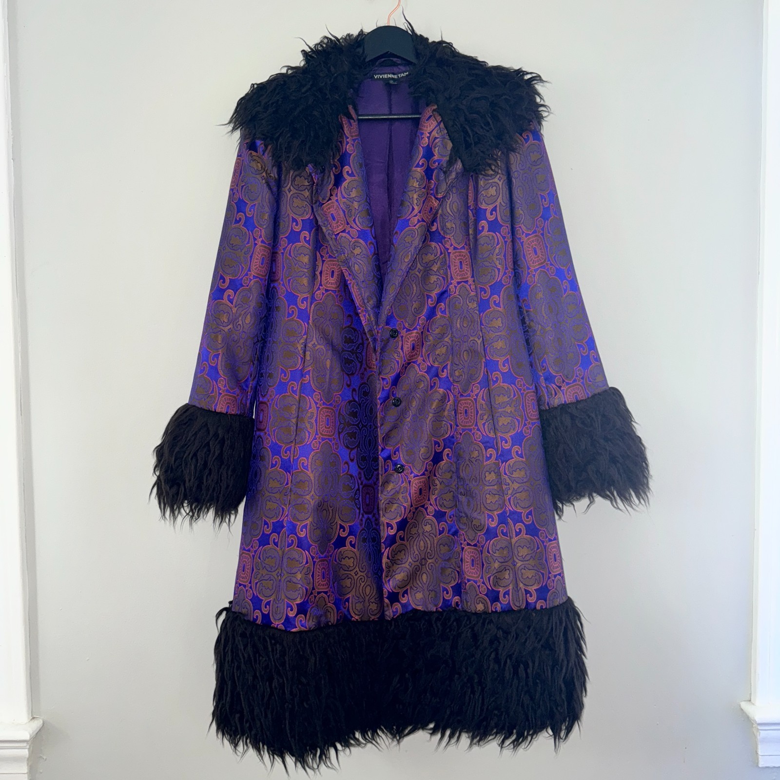 90s vtg VIVIENNE TAM Purple Gold IRIDESCENT Brocade Rave Penny Lane Fur Coat Y2K