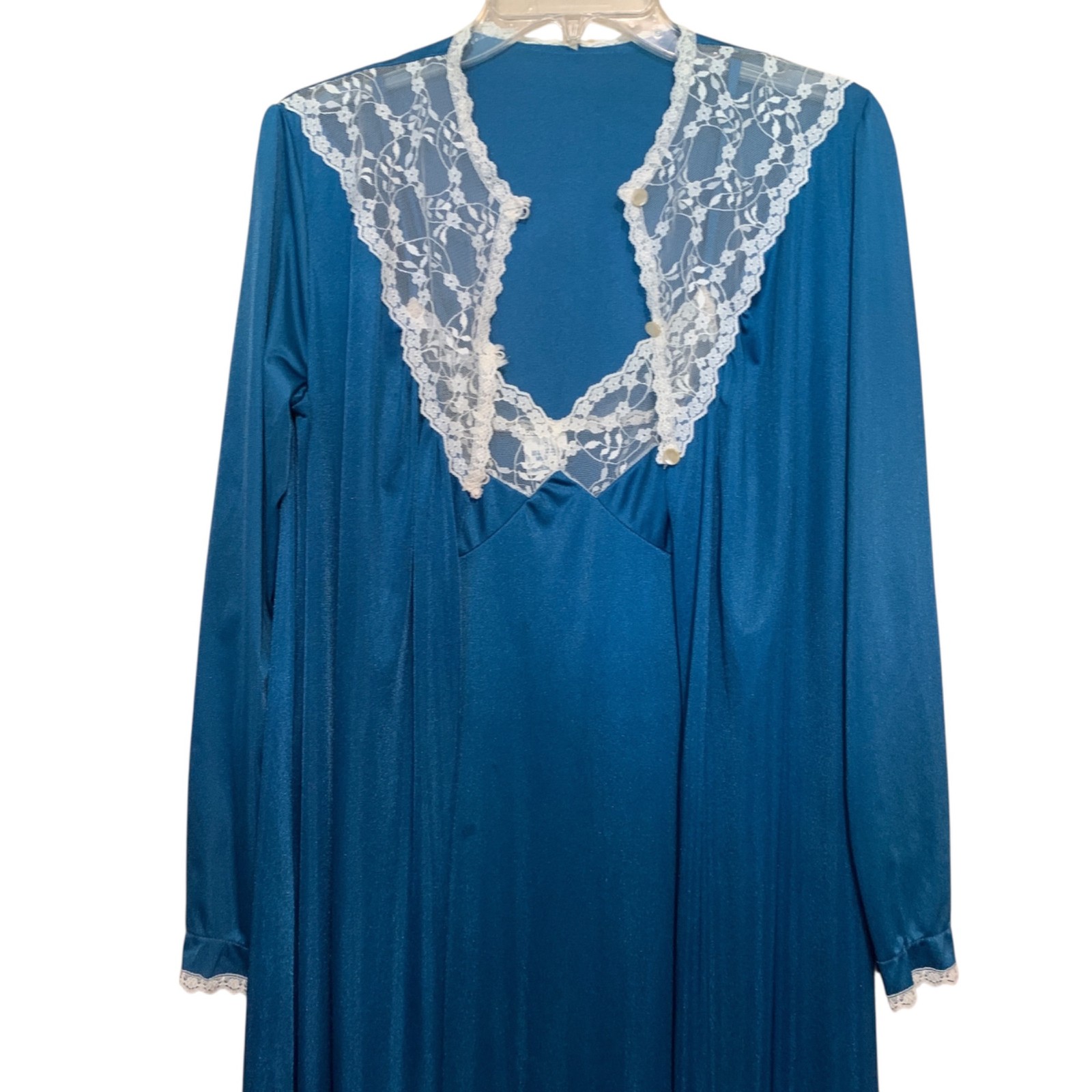 Vintage Stardust Long Teal Nightgown & Robe Set Lace Trim Modest 100% Nylon Sz M