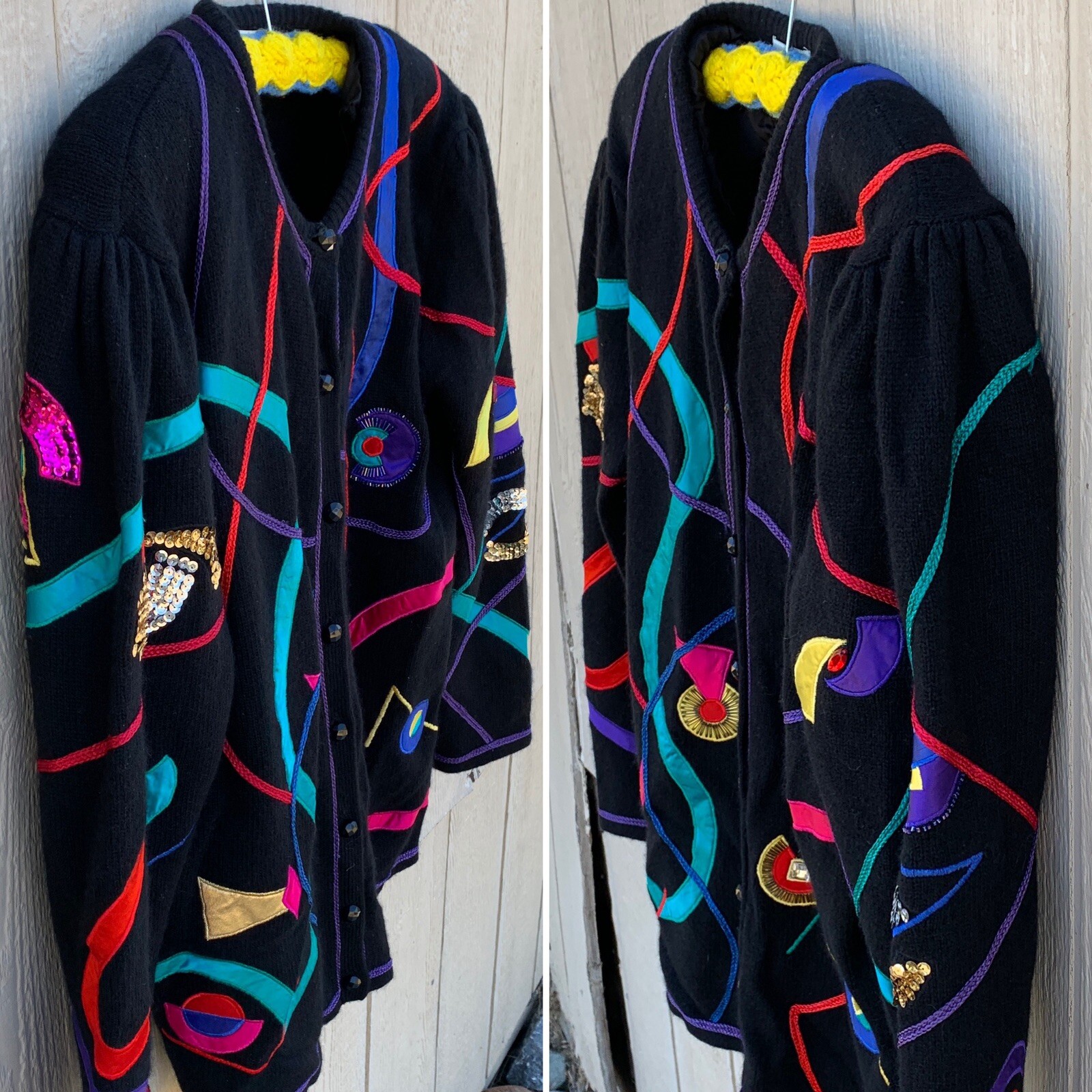 Vintage Magnolia Cardigan Sweater 80s 90s 1980s Geometric M Puffy Shoulders