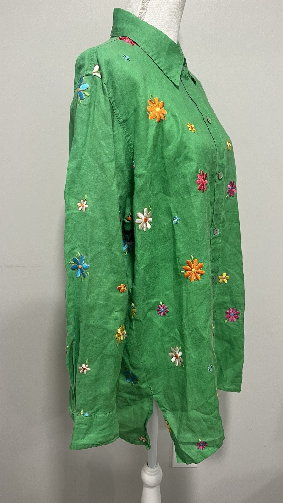 Vintage 90s ‘Casey Coleman’ Women’s Embroidered Floral Print Green Button Up