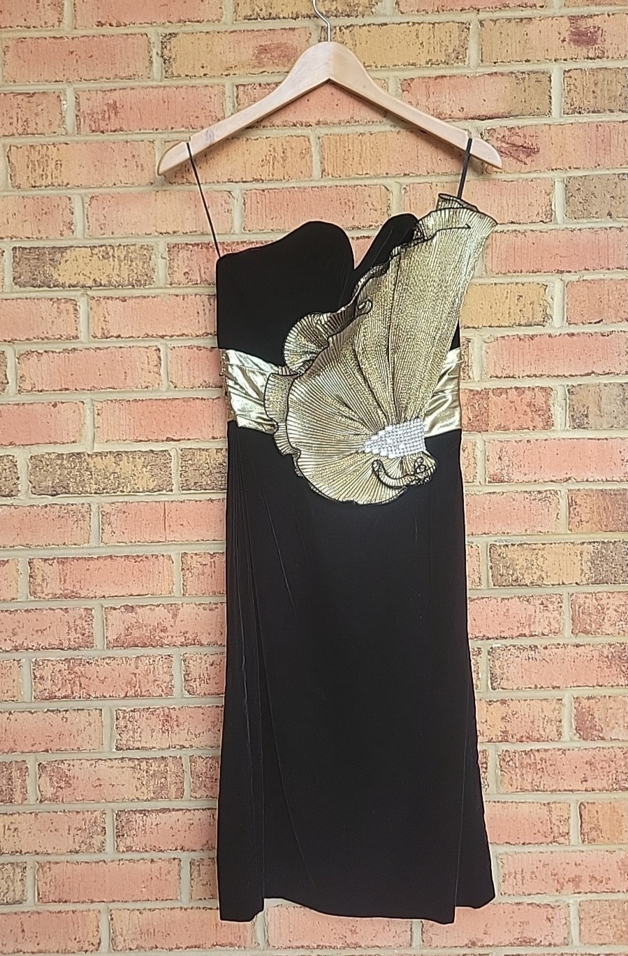 VTG Dave & Johnny Black Velvet Gold Frill Strapless Cocktail Party Dress XS