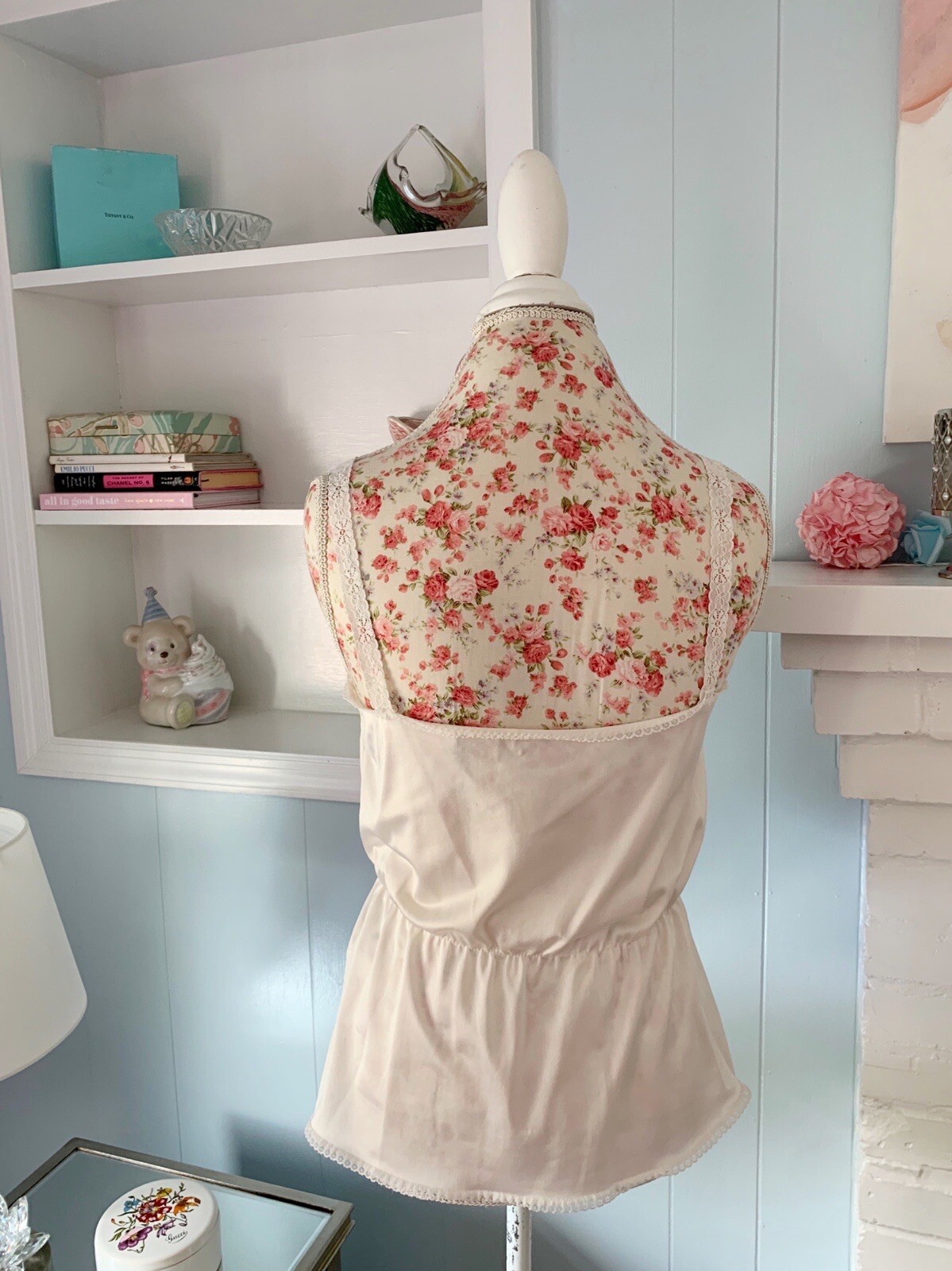 Vintage Camisole Pastel Cream Wide Floral Scalloped Lace Bodice Peplum Waist