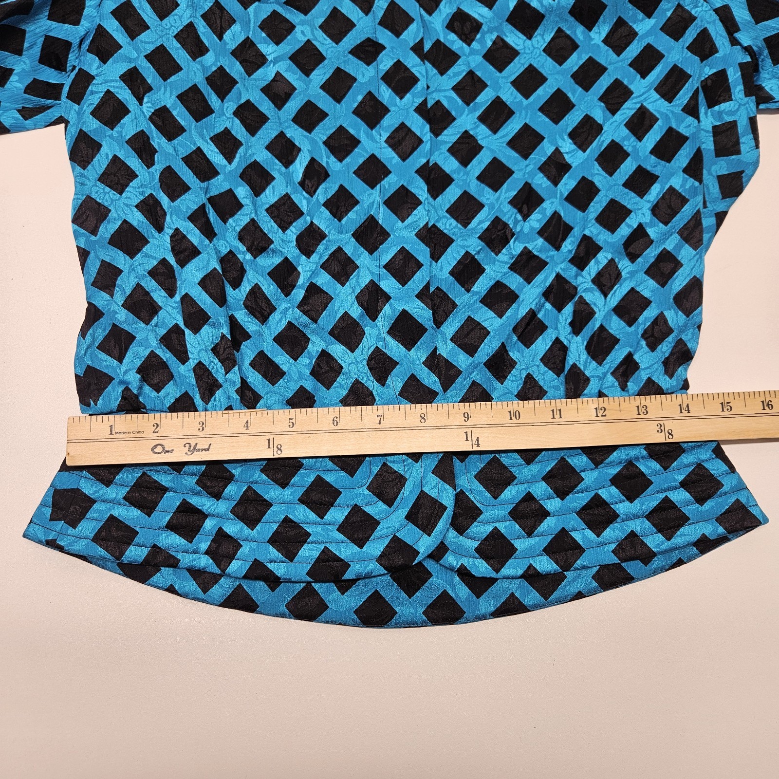 NWT Vtg 80s 100% Silk Jacquard Puff Sleeve Check Top w Scarf Blue Black Sz 10