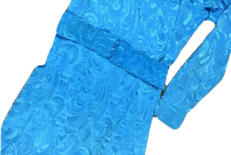 Vintage 80s Darian Satin Dress Blue Damask Print Belted Long Midi Retro Small