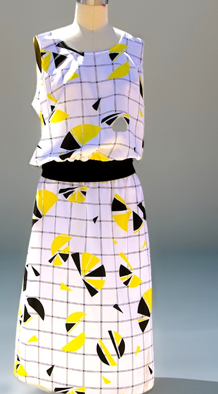 Jasper ASL 80s Midi Skirt Set New Wave Vintage Geometric Pattern 14 Blk Elastic