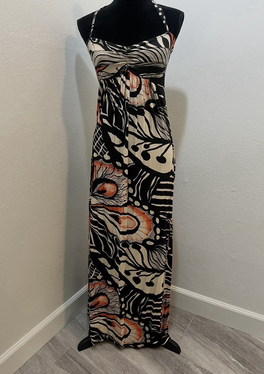 Vintage Avon Mark Halter Neck Dress Small Black White Orange Abstract Pattern