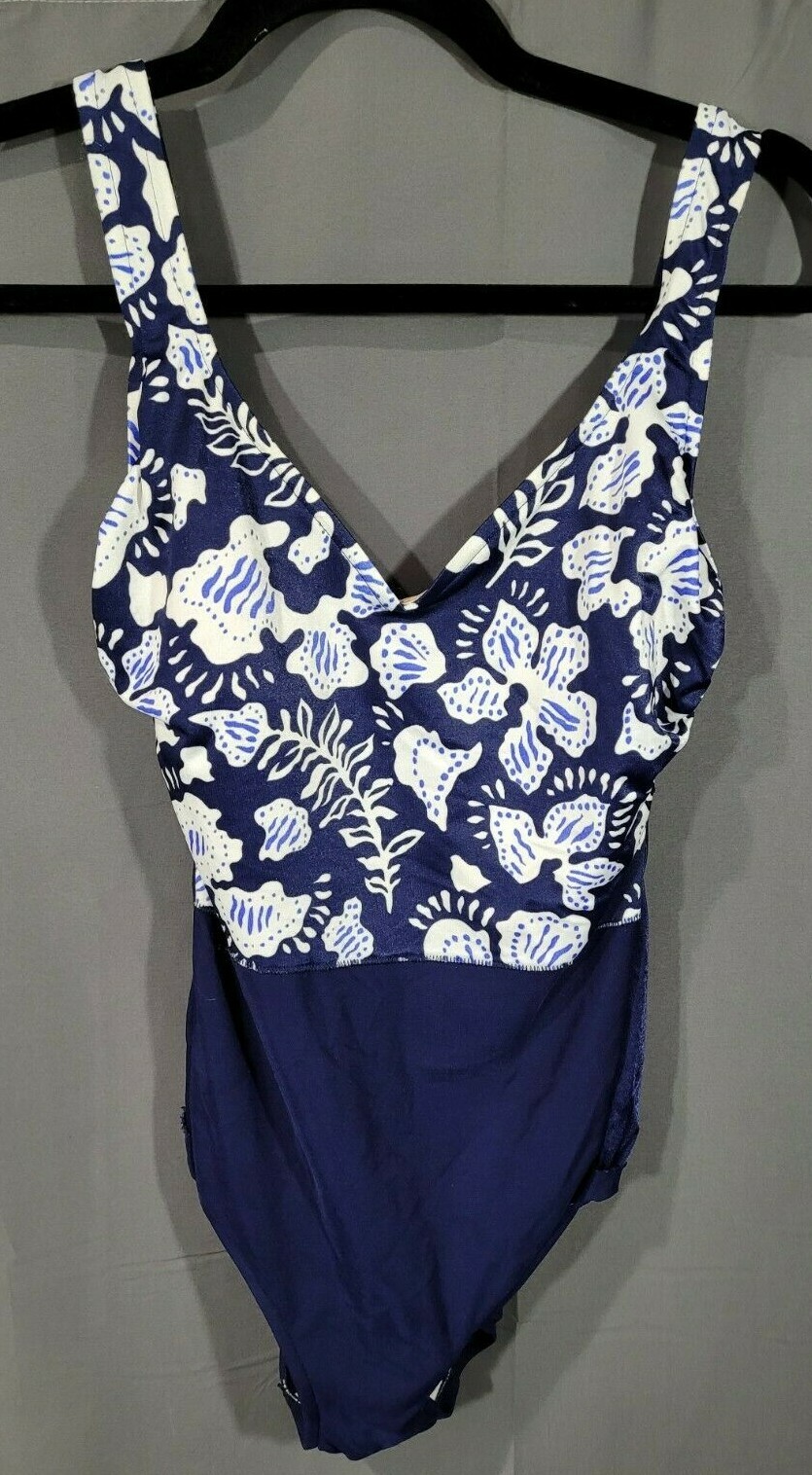 Vintage 80s Robby Len sz 12 swimsuit pin up one piece blue floral Union Made USA