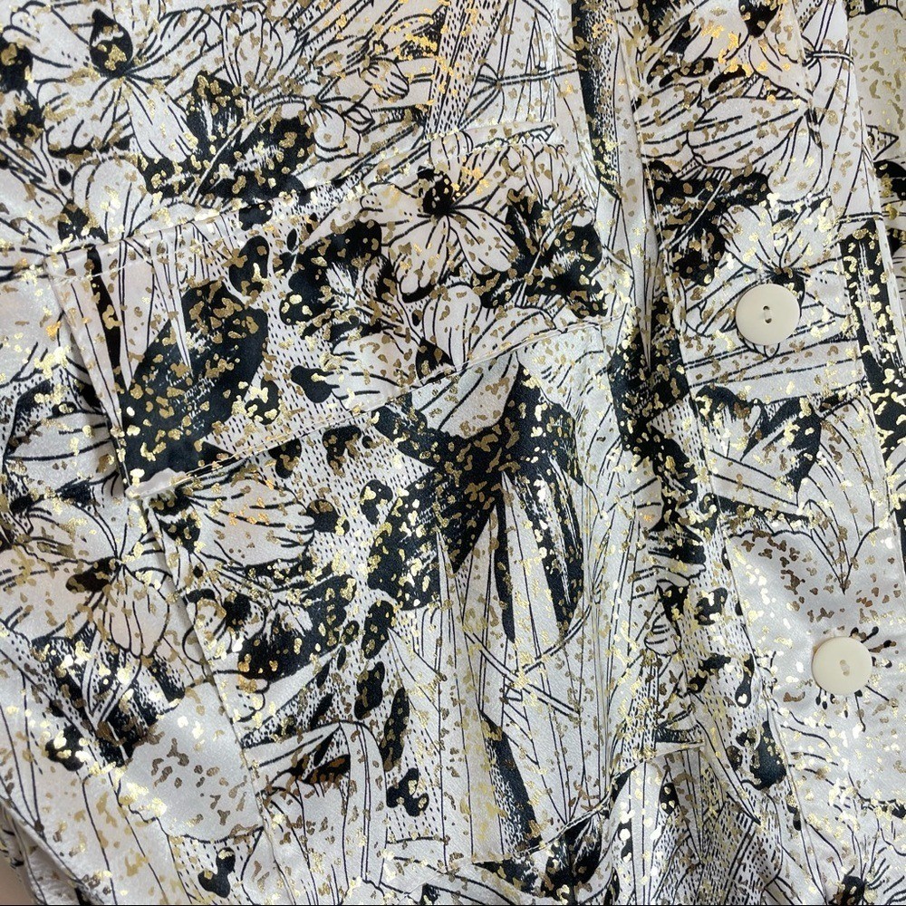 Vintage 80s Jacket Metallic Floral White Gold Black Windbreaker Sparkly Eclectic
