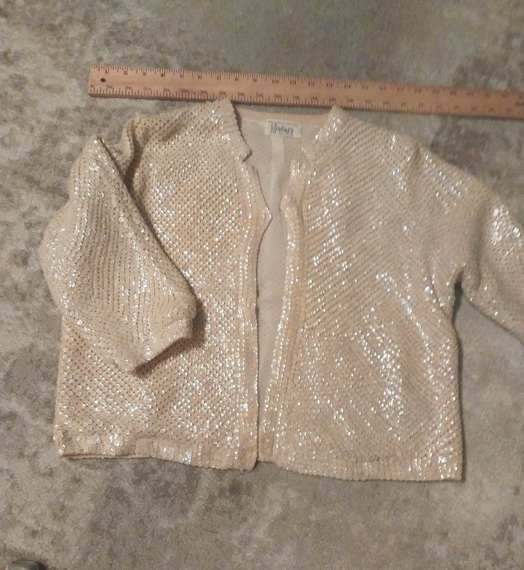 Vintage Sequined 100% Wool Sweater Shrug Jacket 1950s Burdines British Hong Kong
