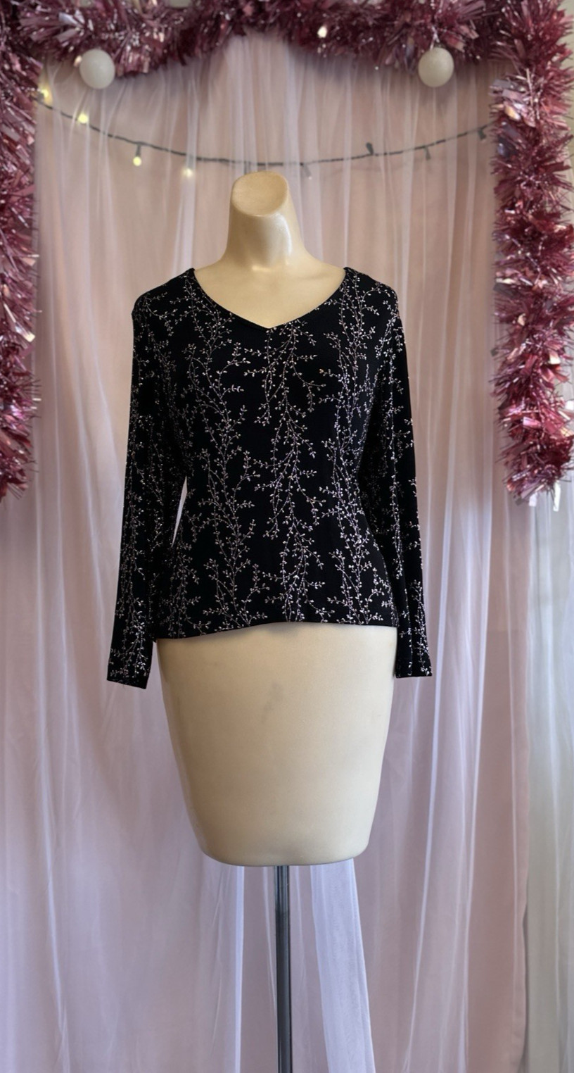 Vintage 90s Glitter Fairy Top Blouse Shirt Black Stretchy Whimsy Goth Grunge M/L