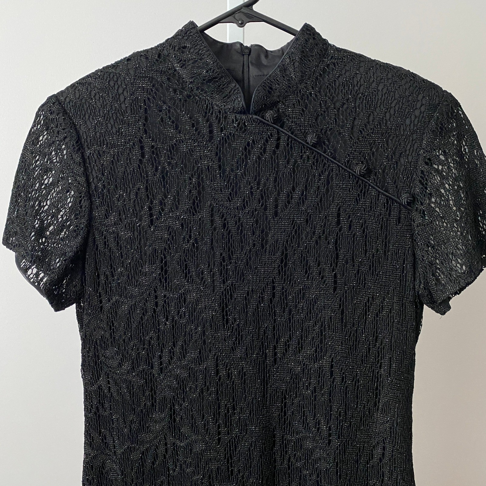 Jessica Howard 10P Black Lace Metallic Cheongsam Style Maxi Dress Vintage Goth