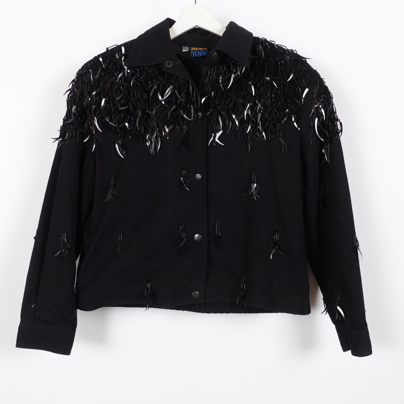 Vintage Modi Denim Feather Sequin Jacket Women Size Large Black Beaded Fringe