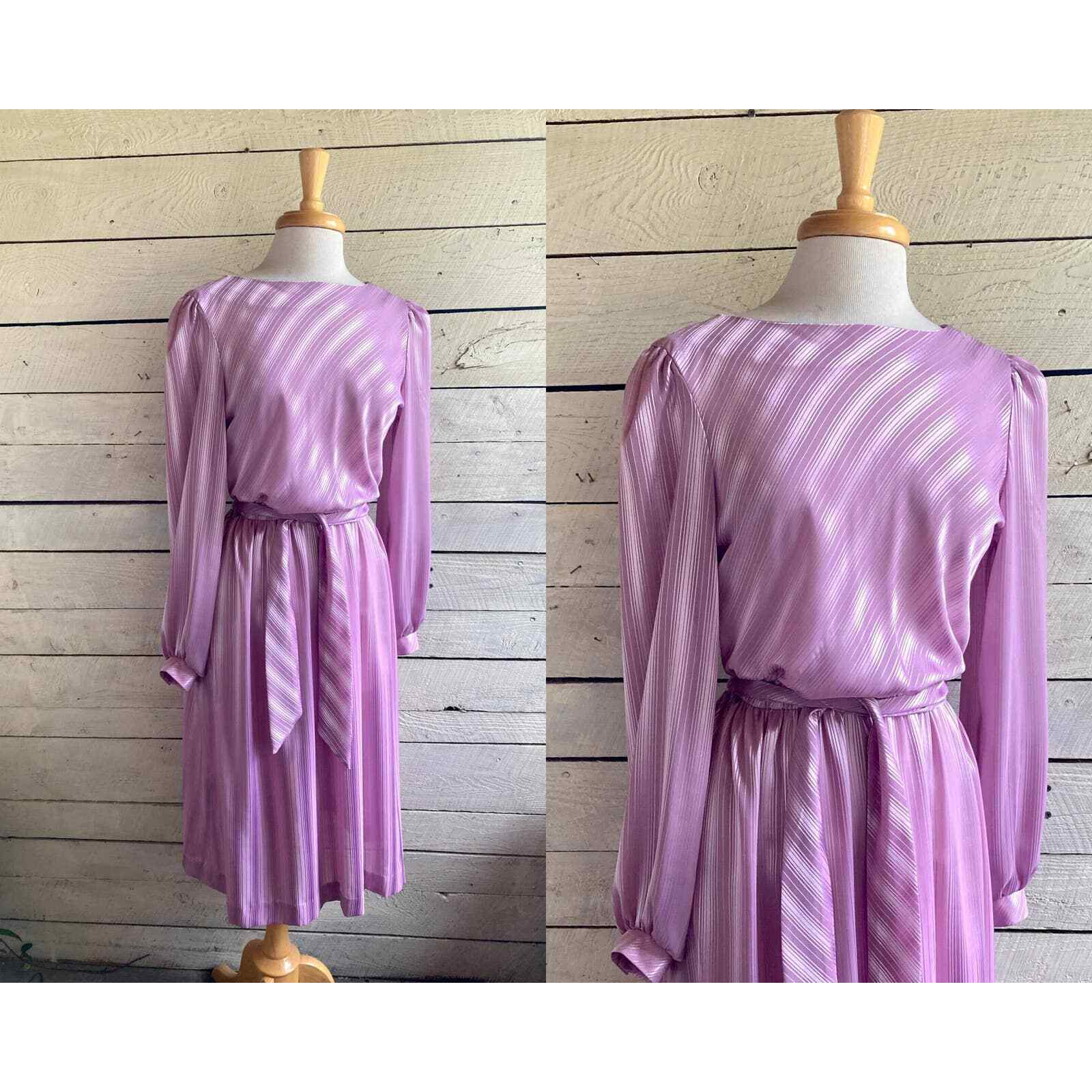 70s 80s purple Polyester Dress Checkaberry Sash Belt Long Sleeves Elastic Waist