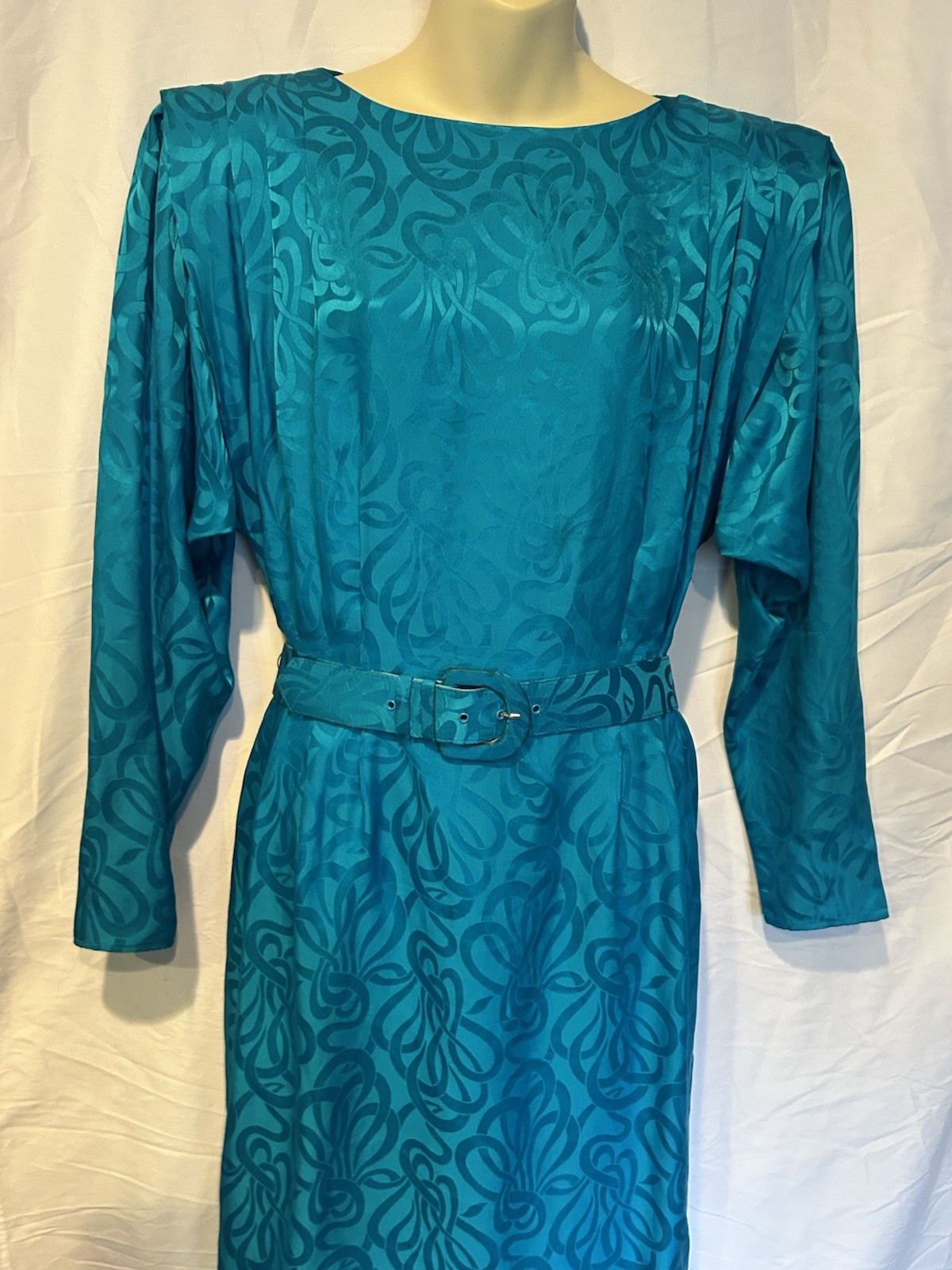 Vintage 1990’s Women’s Argenti 100% Silk Teal Jacquard Midi Dress Sz 8