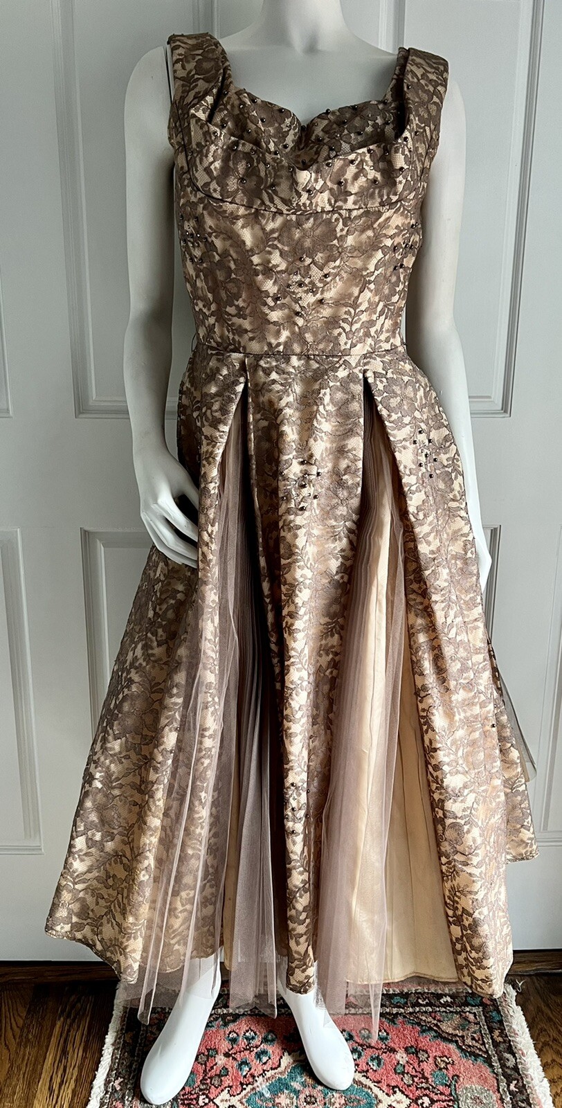 Rare Vintage 1950s-60s Alberto Fabiani Roma Lace Tulle Full Skirt Gown Dress S/M