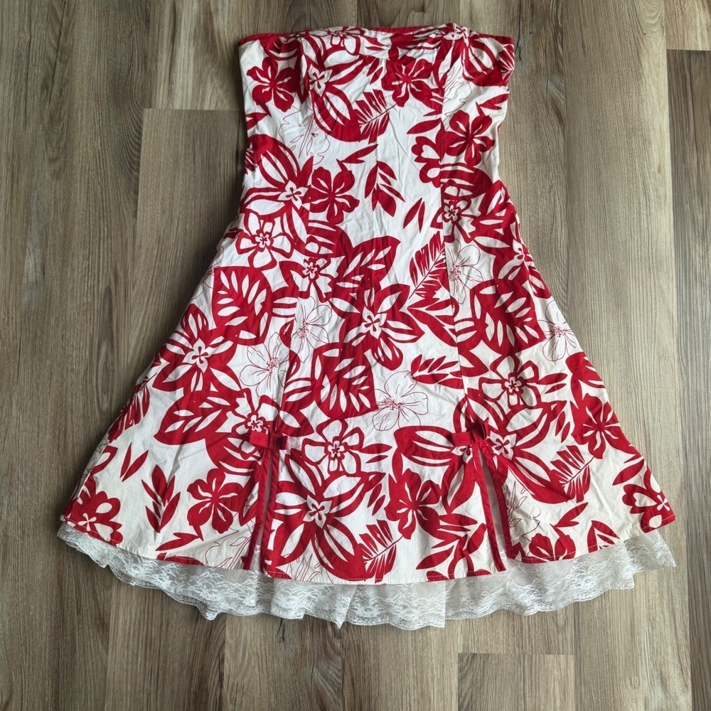 Vintage Byer California IZ Red White Tropical Floral Strapless Lace Trim Dress 9