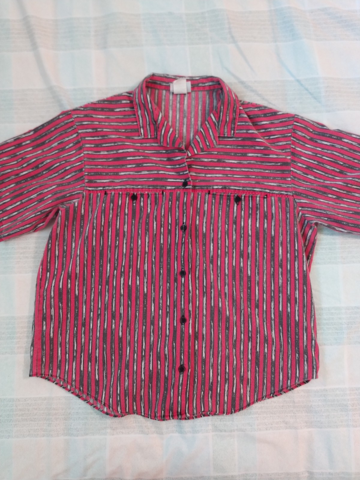 Carlyle VTG 90’s Womans Button Up Black Red White Stripe Short Sleeve Top Sz 12