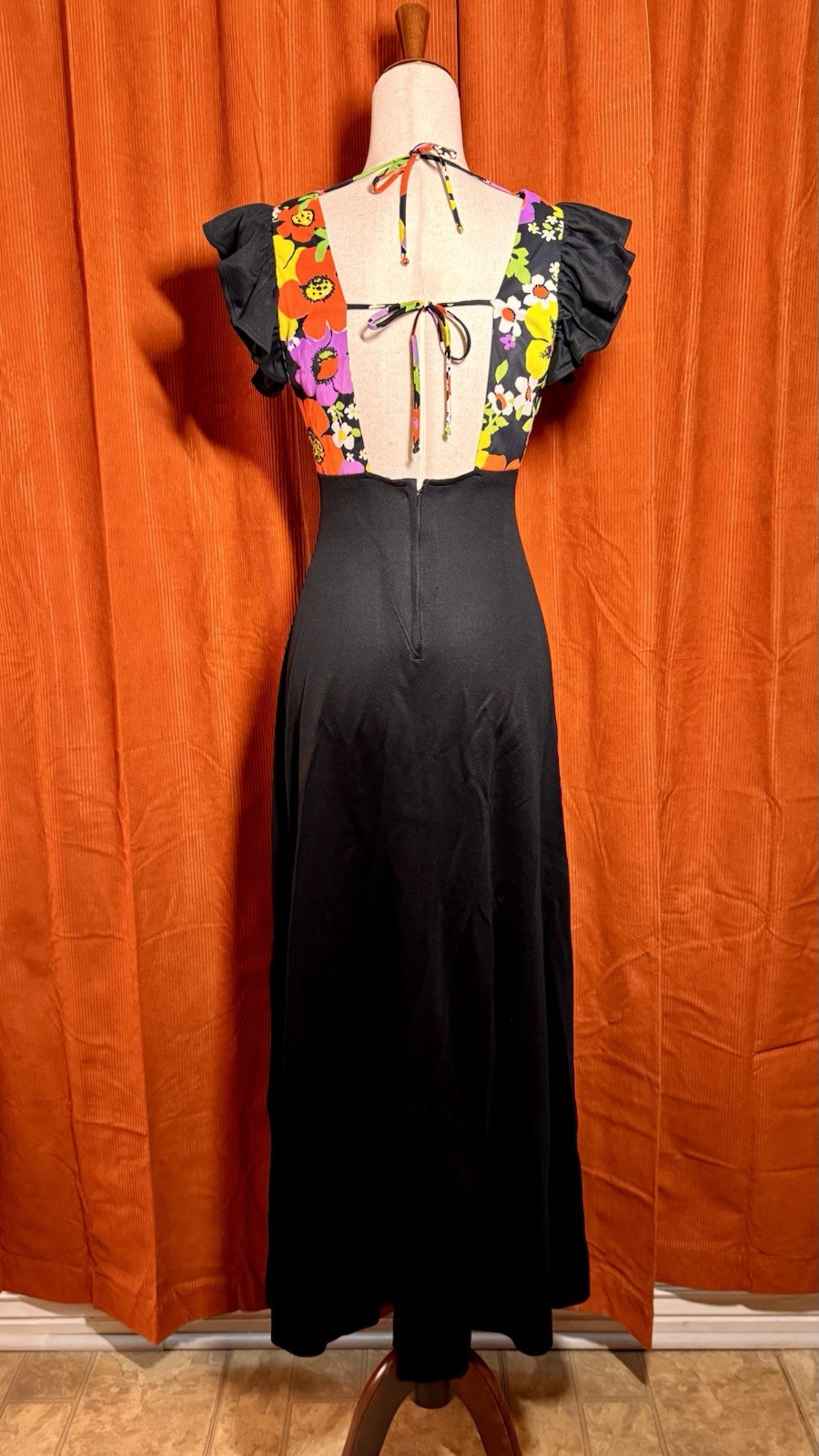 Vintage Handmade 70s Style Floral Maxi Dress Black Open Back Ruffle Sleeve S/M