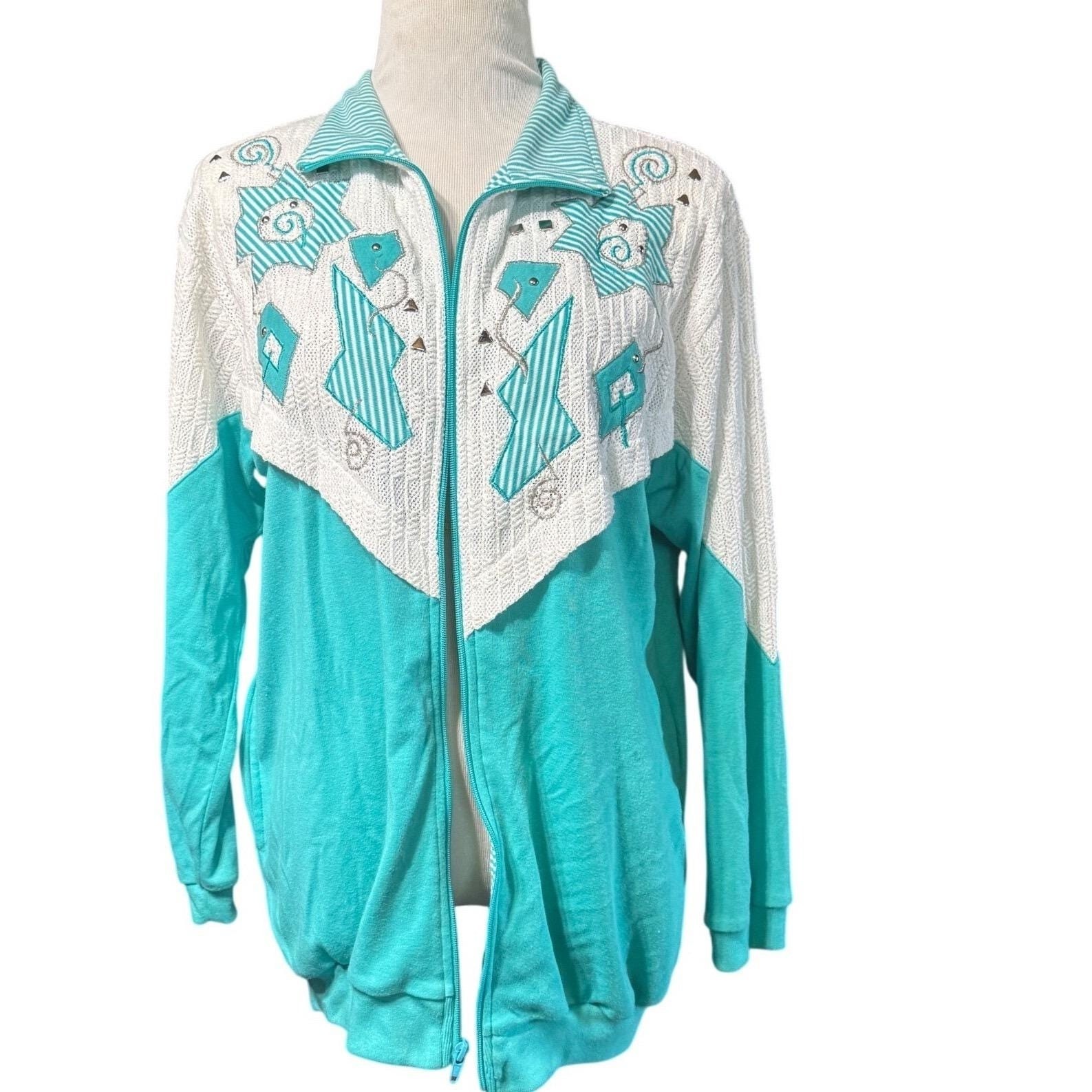 Vintage Adolfo Sport Jacket Womens L Turquoise Colorblock Geometric crochet 80s