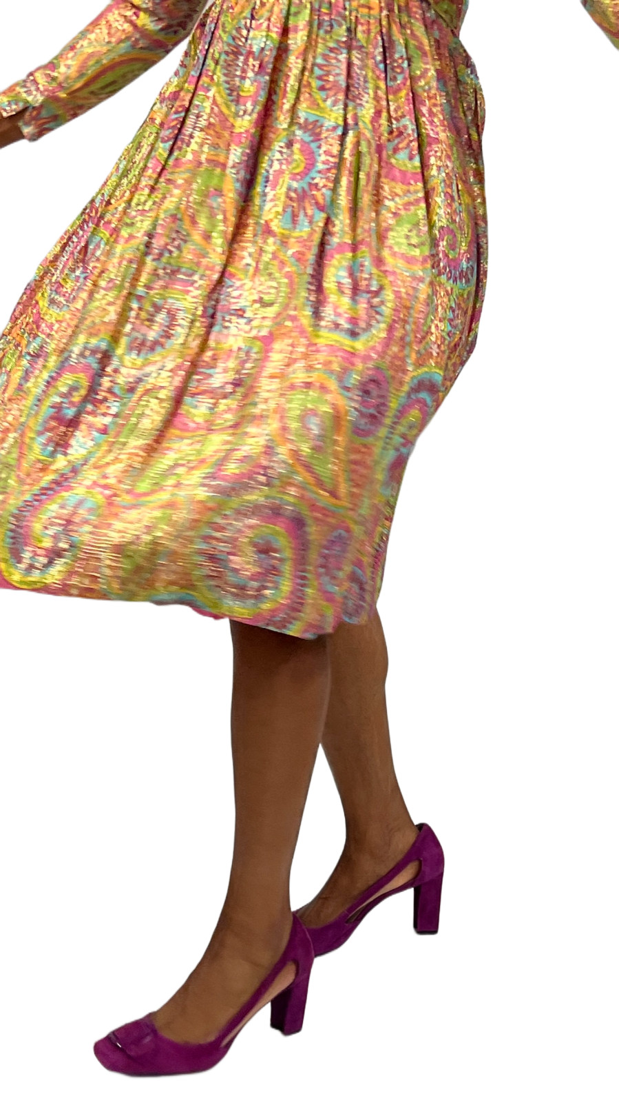 VTG 60s Mary Sachs Metallic Paisley Mod Gogo Dress XS S Rhinestone Detail